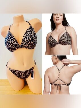 Victoria's Secret Swim Rings Push Up Bikini Top & Bottom Leopard 36D-M